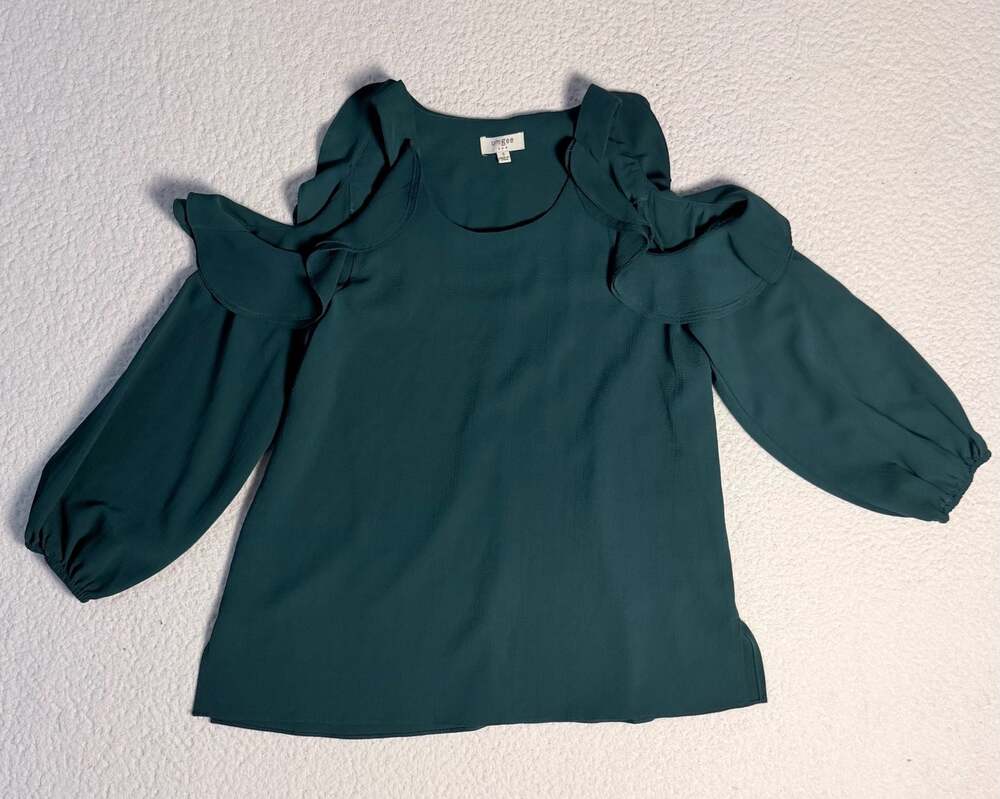 Umgee USA Women's Cold Shoulder Ruffle Long Sleeve Blouse in Forest Green